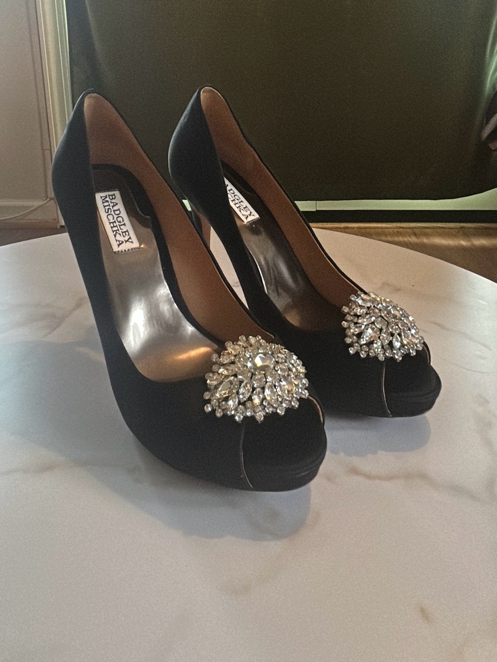 Badgley Mischka Black Satin Peep-Toe Heels with Crystal Medallions